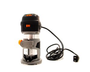 Adjustable straight base of brand new corded trim router for woodworking, transparent base plate, guide fence, variable speed laminate trimming isolated on white background. Handheld carpentry tool